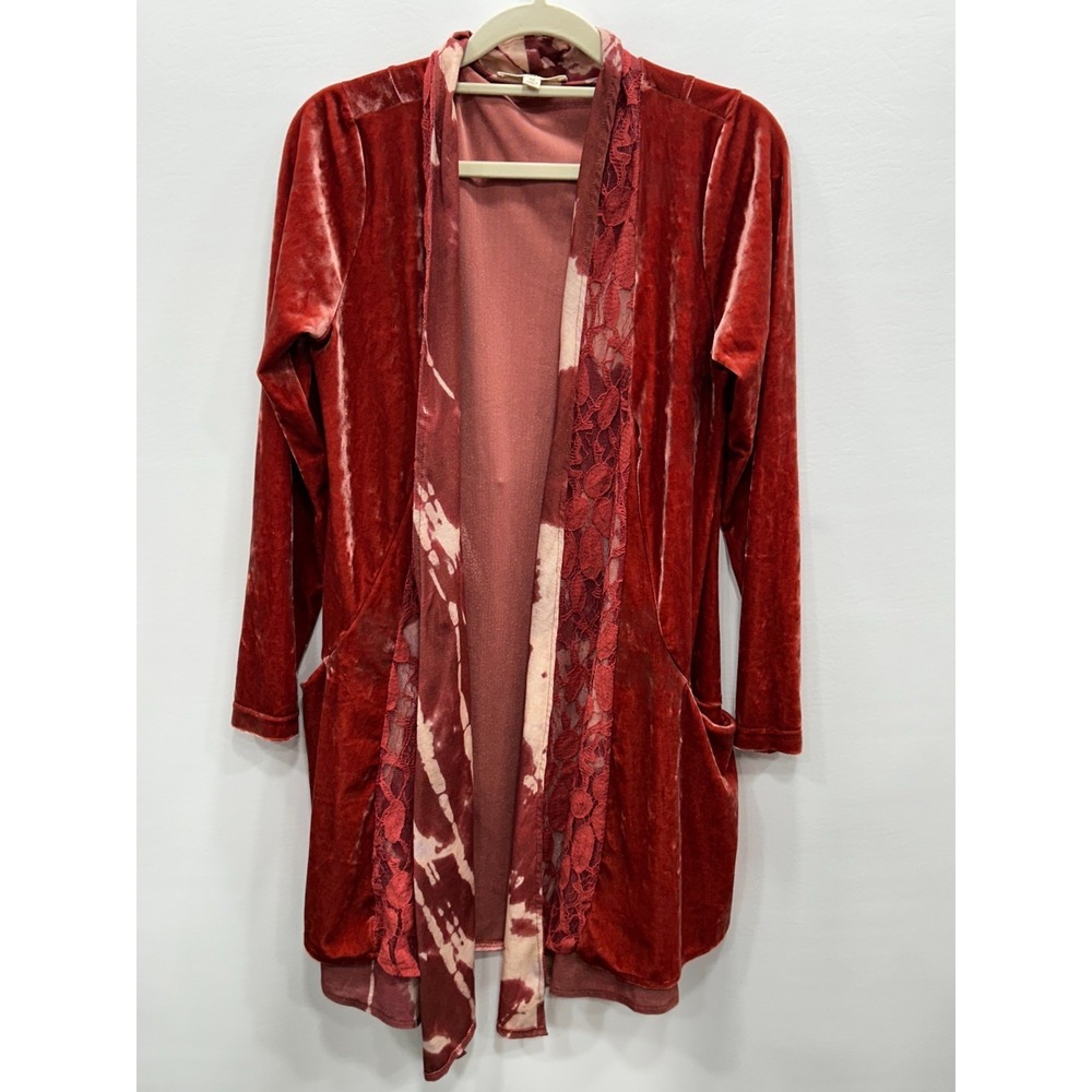 Indigo Thread Co Cardigan Womens XS Red Velvet Lace Trim‎ Boho Romantic